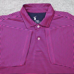 F&G Tech Polo Shirt Mens Large Pink/Blue Striped Wicking‎ Polyester Short Sleeve